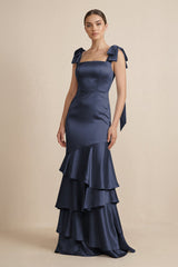 Tiered Maxi Satin Bridesmaid Dress with Bow Straps in Dark Navy - KISS BRIDAL Bridesmaid Dresses