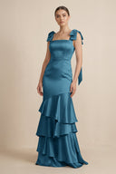 Tiered Maxi Satin Bridesmaid Dress with Bow Straps in Dark Teal - KISS BRIDAL Bridesmaid Dresses