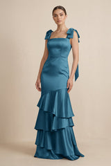 Tiered Maxi Satin Bridesmaid Dress with Bow Straps in Dark Teal - KISS BRIDAL Bridesmaid Dresses