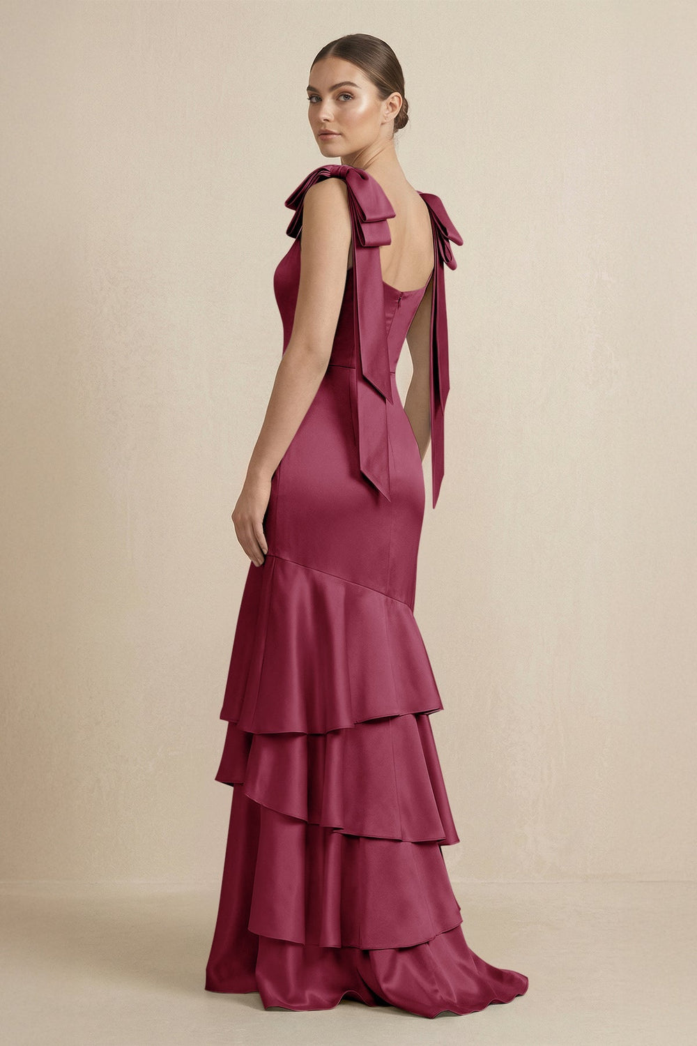 Tiered Maxi Satin Bridesmaid Dress with Bow Straps in Desert Rose - KISS BRIDAL Bridesmaid Dresses