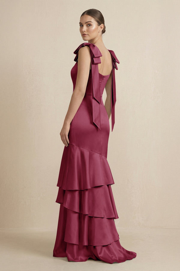 Tiered Maxi Satin Bridesmaid Dress with Bow Straps in Desert Rose - KISS BRIDAL Bridesmaid Dresses