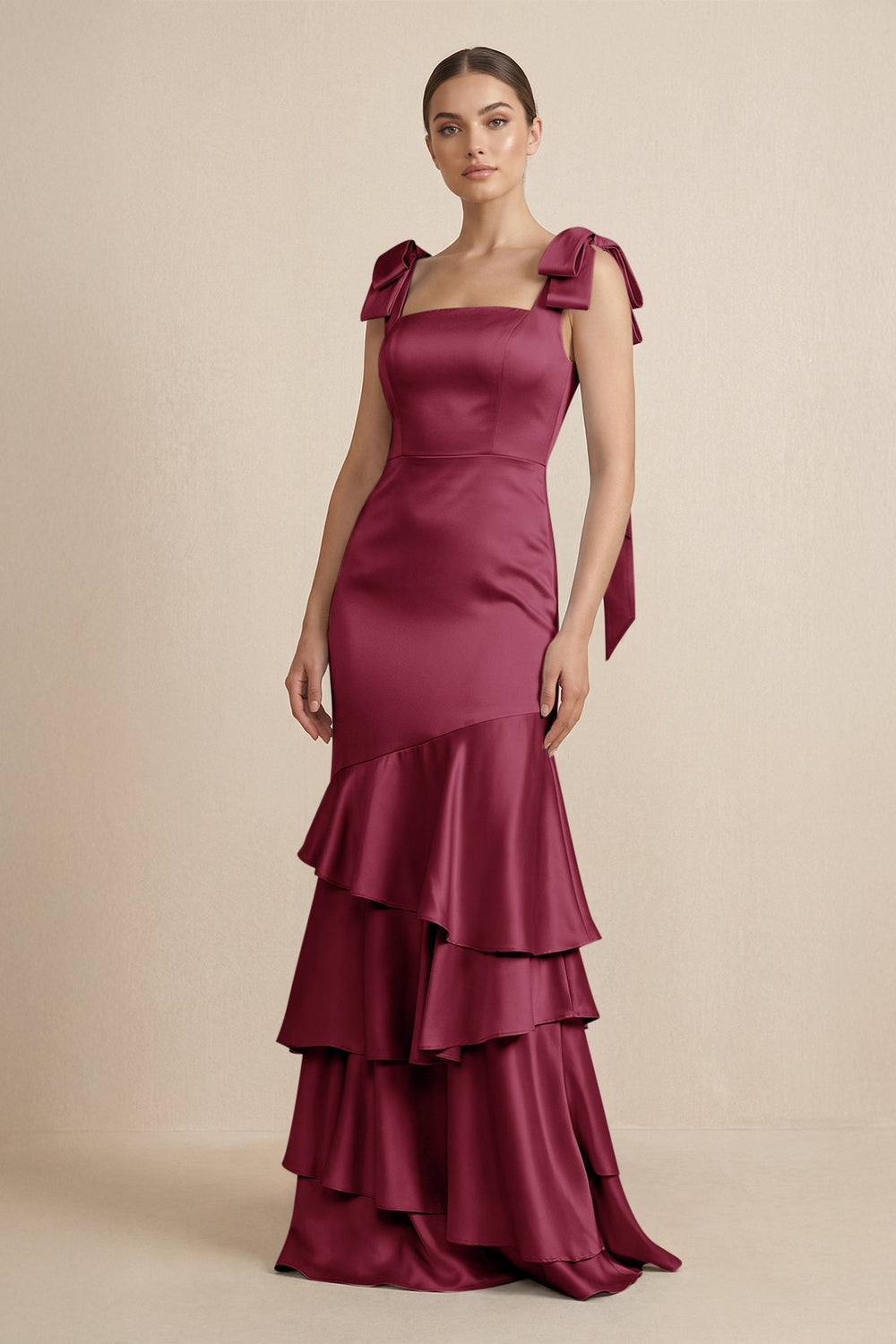 Tiered Maxi Satin Bridesmaid Dress with Bow Straps in Desert Rose - KISS BRIDAL Bridesmaid Dresses