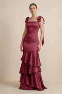 Tiered Maxi Satin Bridesmaid Dress with Bow Straps in Desert Rose - KISS BRIDAL Bridesmaid Dresses