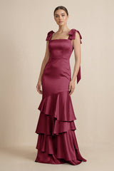 Tiered Maxi Satin Bridesmaid Dress with Bow Straps in Desert Rose - KISS BRIDAL Bridesmaid Dresses