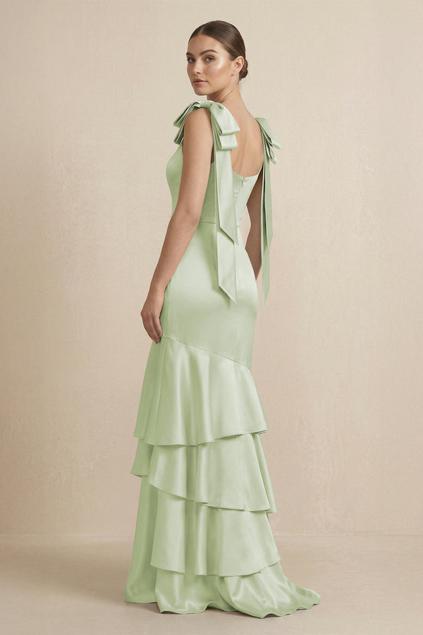 Tiered Maxi Satin Bridesmaid Dress with Bow Straps in Dusty Sage - KISS BRIDAL Bridesmaid Dresses