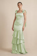 Tiered Maxi Satin Bridesmaid Dress with Bow Straps in Dusty Sage - KISS BRIDAL Bridesmaid Dresses