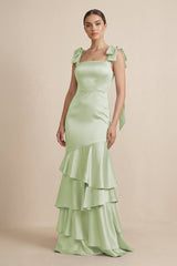 Tiered Maxi Satin Bridesmaid Dress with Bow Straps in Dusty Sage - KISS BRIDAL Bridesmaid Dresses