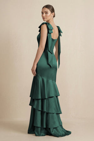 Tiered Maxi Satin Bridesmaid Dress with Bow Straps in Emerald - KISS BRIDAL Bridesmaid Dresses