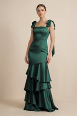 Tiered Maxi Satin Bridesmaid Dress with Bow Straps in Emerald - KISS BRIDAL Bridesmaid Dresses