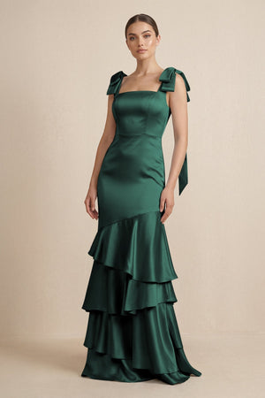 Tiered Maxi Satin Bridesmaid Dress with Bow Straps in Emerald - KISS BRIDAL Bridesmaid Dresses