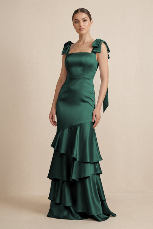 Tiered Maxi Satin Bridesmaid Dress with Bow Straps in Emerald - KISS BRIDAL Bridesmaid Dresses