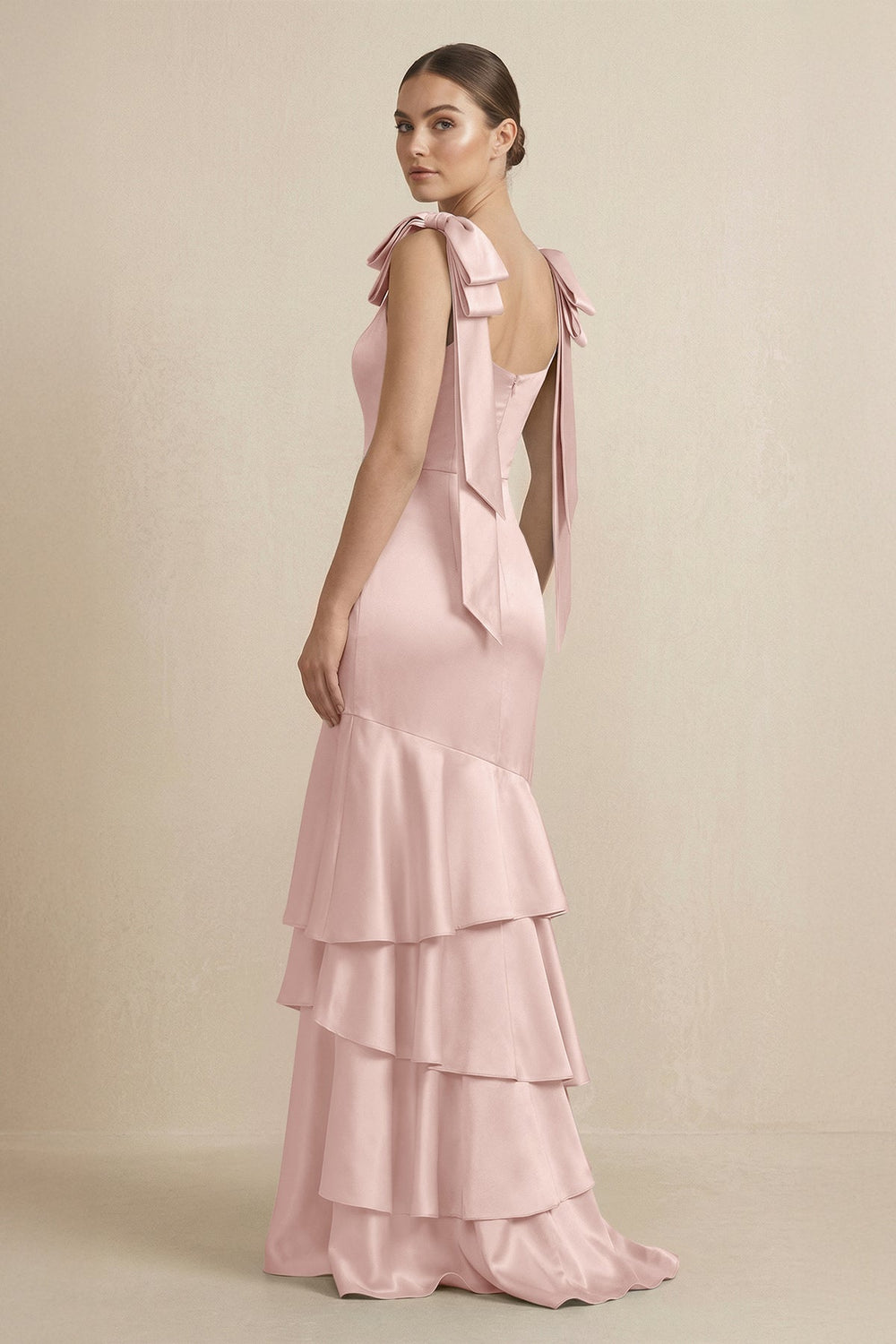 Tiered Maxi Satin Bridesmaid Dress with Bow Straps in English Rose - KISS BRIDAL Bridesmaid Dresses