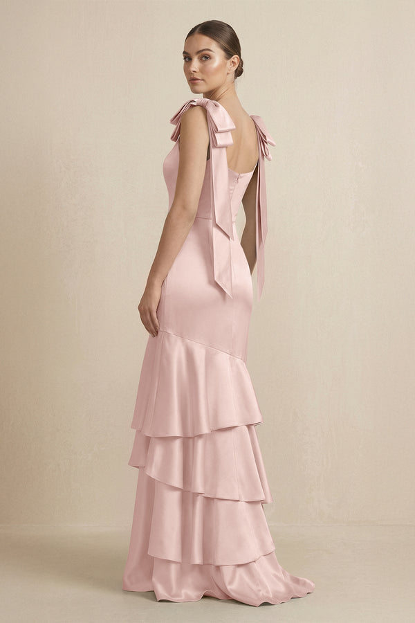 Tiered Maxi Satin Bridesmaid Dress with Bow Straps in English Rose - KISS BRIDAL Bridesmaid Dresses