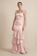 Tiered Maxi Satin Bridesmaid Dress with Bow Straps in English Rose - KISS BRIDAL Bridesmaid Dresses