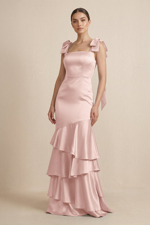 Tiered Maxi Satin Bridesmaid Dress with Bow Straps in English Rose - KISS BRIDAL Bridesmaid Dresses