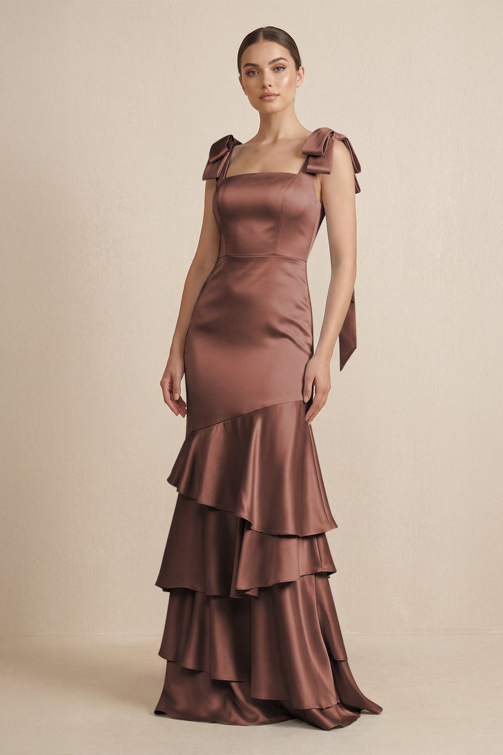 Tiered Maxi Satin Bridesmaid Dress with Bow Straps in Espresso - KISS BRIDAL Bridesmaid Dresses