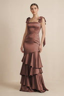 Tiered Maxi Satin Bridesmaid Dress with Bow Straps in Espresso - KISS BRIDAL Bridesmaid Dresses