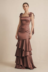Tiered Maxi Satin Bridesmaid Dress with Bow Straps in Espresso - KISS BRIDAL Bridesmaid Dresses