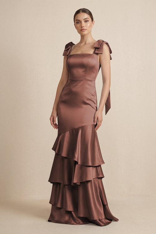 Tiered Maxi Satin Bridesmaid Dress with Bow Straps in Espresso - KISS BRIDAL Bridesmaid Dresses