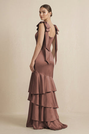 Tiered Maxi Satin Bridesmaid Dress with Bow Straps in Espresso - KISS BRIDAL Bridesmaid Dresses