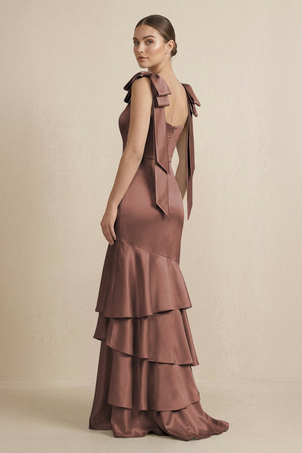 Tiered Maxi Satin Bridesmaid Dress with Bow Straps in Espresso - KISS BRIDAL Bridesmaid Dresses