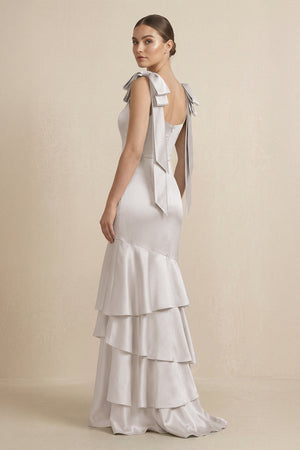 Tiered Maxi Satin Bridesmaid Dress with Bow Straps in Frost - KISS BRIDAL Bridesmaid Dresses