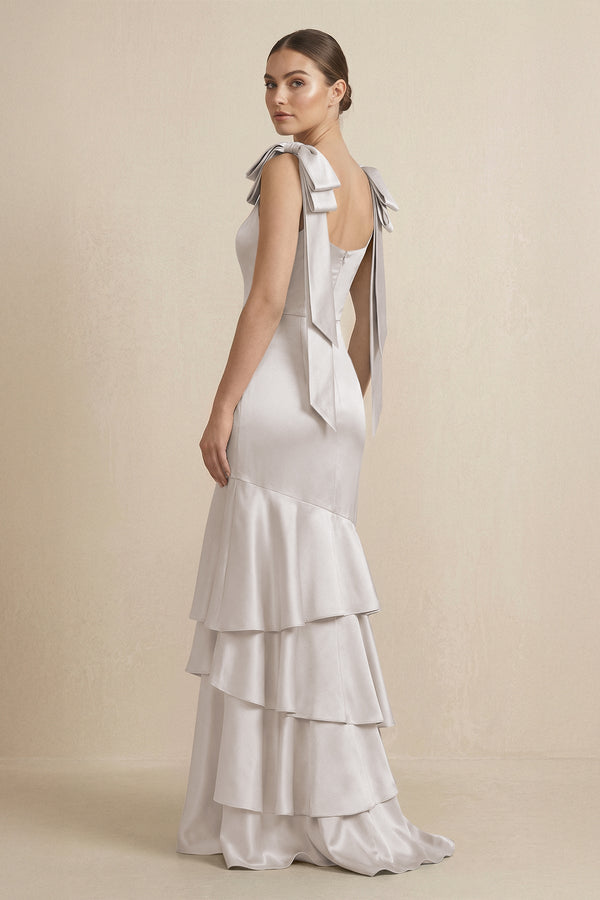 Tiered Maxi Satin Bridesmaid Dress with Bow Straps in Frost - KISS BRIDAL Bridesmaid Dresses
