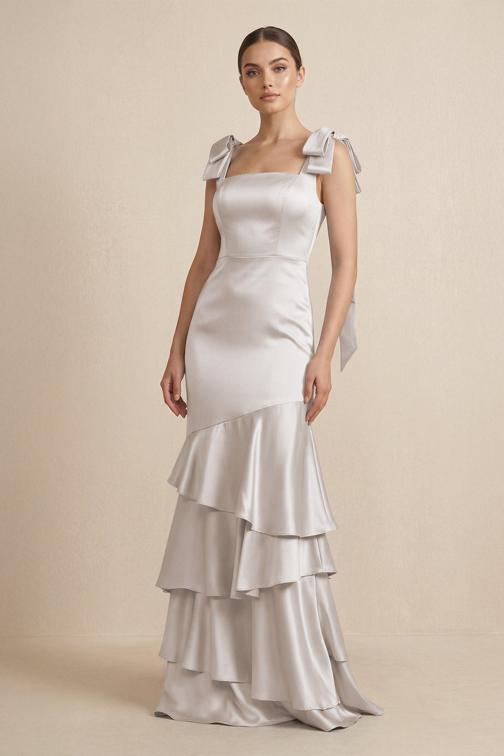 Tiered Maxi Satin Bridesmaid Dress with Bow Straps in Frost - KISS BRIDAL Bridesmaid Dresses