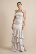 Tiered Maxi Satin Bridesmaid Dress with Bow Straps in Frost - KISS BRIDAL Bridesmaid Dresses