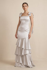 Tiered Maxi Satin Bridesmaid Dress with Bow Straps in Frost - KISS BRIDAL Bridesmaid Dresses