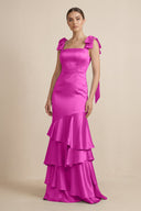 Tiered Maxi Satin Bridesmaid Dress with Bow Straps in Fuchsia - KISS BRIDAL Bridesmaid Dresses