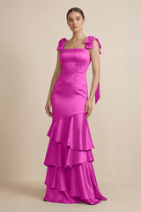 Tiered Maxi Satin Bridesmaid Dress with Bow Straps in Fuchsia - KISS BRIDAL Bridesmaid Dresses