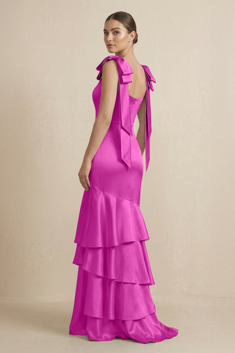 Tiered Maxi Satin Bridesmaid Dress with Bow Straps in Fuchsia - KISS BRIDAL Bridesmaid Dresses