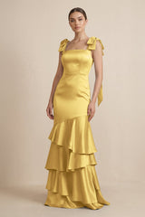 Tiered Maxi Satin Bridesmaid Dress with Bow Straps in Gold - KISS BRIDAL Bridesmaid Dresses