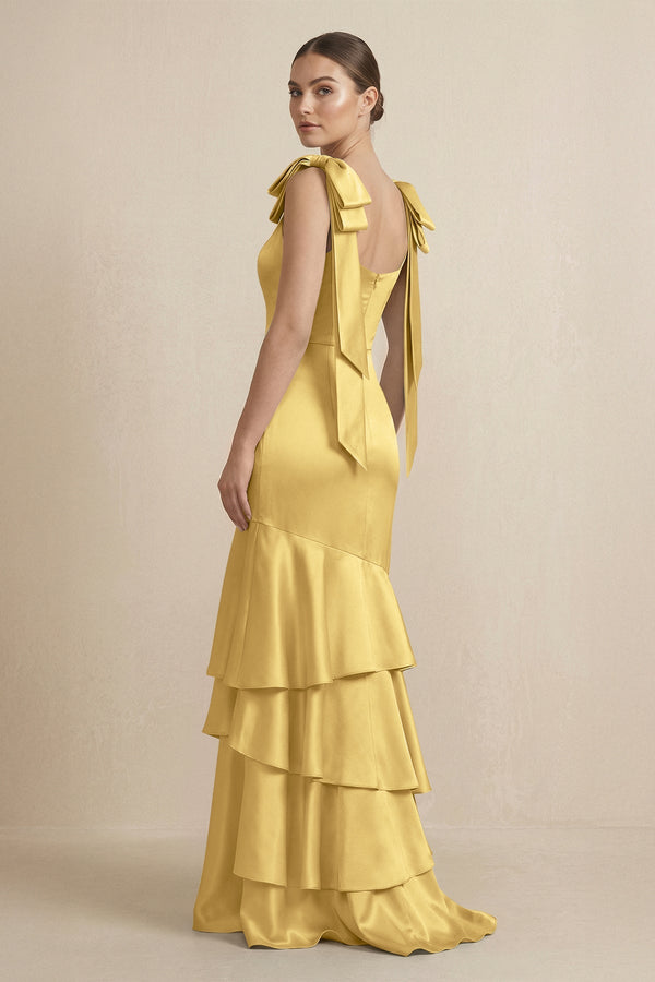 Tiered Maxi Satin Bridesmaid Dress with Bow Straps in Gold - KISS BRIDAL Bridesmaid Dresses