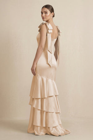 Tiered Maxi Satin Bridesmaid Dress with Bow Straps in Golden Champagne - KISS BRIDAL Bridesmaid Dresses