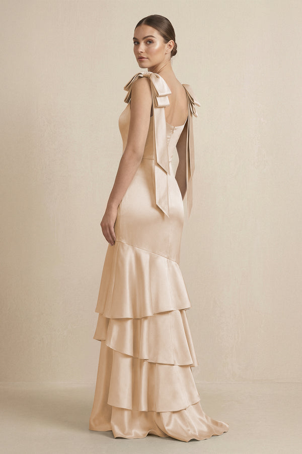 Tiered Maxi Satin Bridesmaid Dress with Bow Straps in Golden Champagne - KISS BRIDAL Bridesmaid Dresses