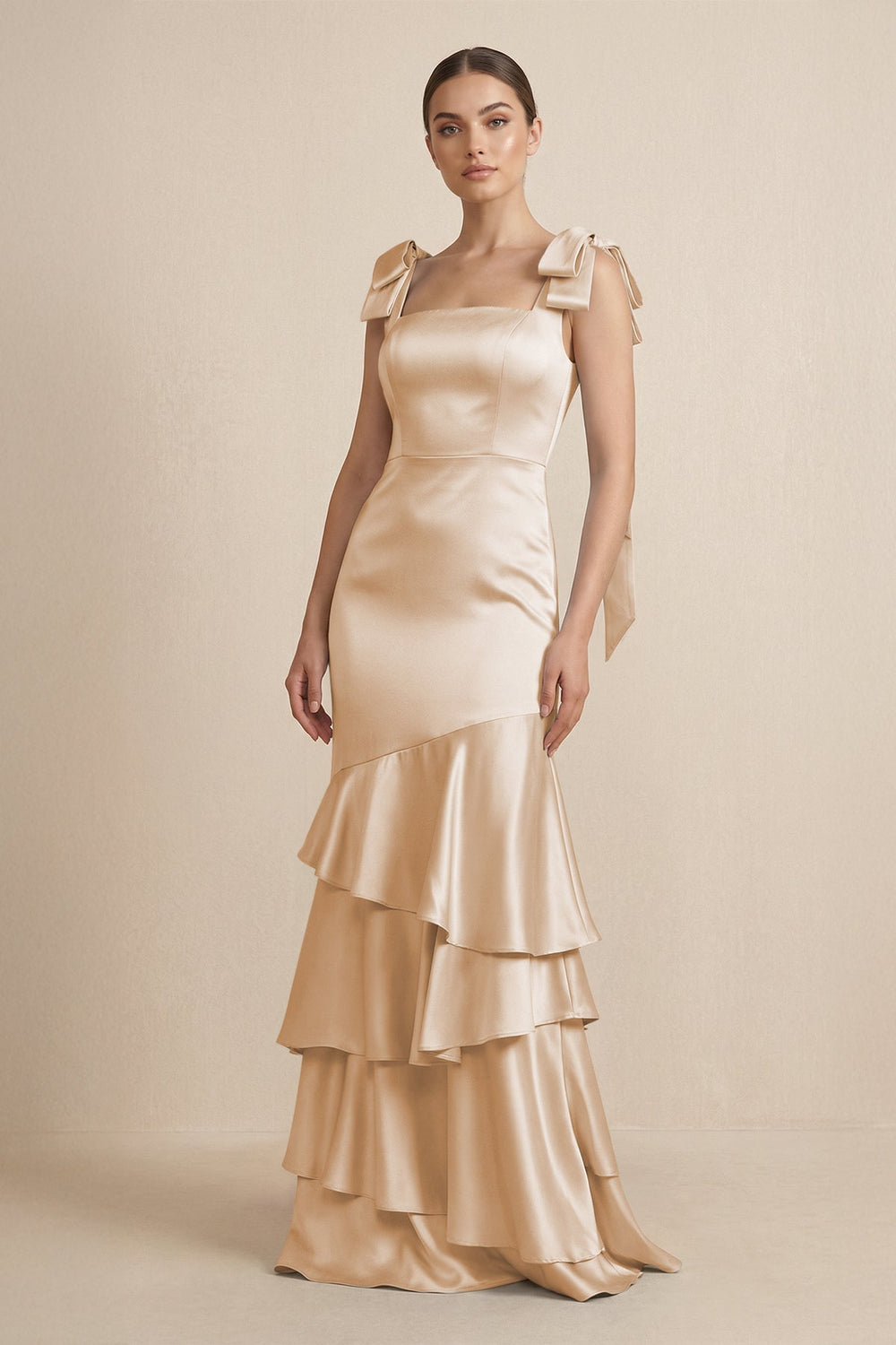 Tiered Maxi Satin Bridesmaid Dress with Bow Straps in Golden Champagne - KISS BRIDAL Bridesmaid Dresses