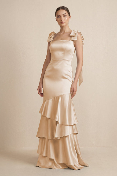 Tiered Maxi Satin Bridesmaid Dress with Bow Straps in Golden Champagne - KISS BRIDAL Bridesmaid Dresses