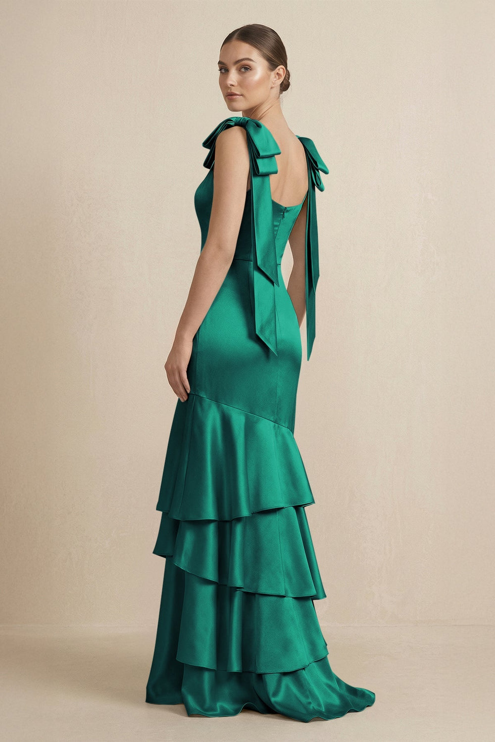 Tiered Maxi Satin Bridesmaid Dress with Bow Straps in Green - KISS BRIDAL Bridesmaid Dresses