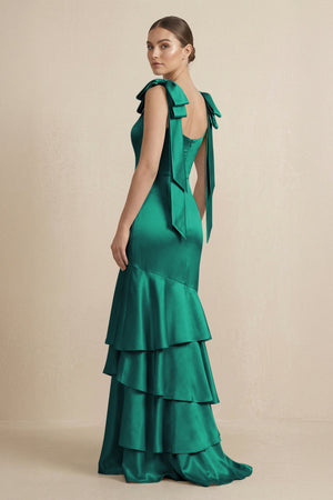 Tiered Maxi Satin Bridesmaid Dress with Bow Straps in Green - KISS BRIDAL Bridesmaid Dresses