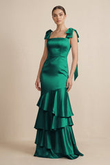 Tiered Maxi Satin Bridesmaid Dress with Bow Straps in Green - KISS BRIDAL Bridesmaid Dresses