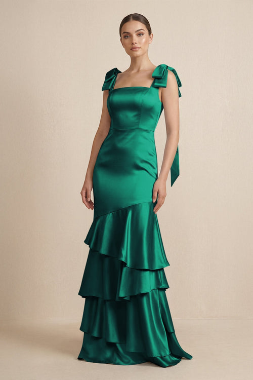 Tiered Maxi Satin Bridesmaid Dress with Bow Straps in Green - KISS BRIDAL Bridesmaid Dresses