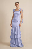 Tiered Maxi Satin Bridesmaid Dress with Bow Straps in Lavender - KISS BRIDAL Bridesmaid Dresses