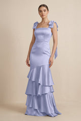 Tiered Maxi Satin Bridesmaid Dress with Bow Straps in Lavender - KISS BRIDAL Bridesmaid Dresses