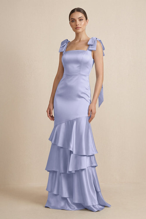 Tiered Maxi Satin Bridesmaid Dress with Bow Straps in Lavender - KISS BRIDAL Bridesmaid Dresses