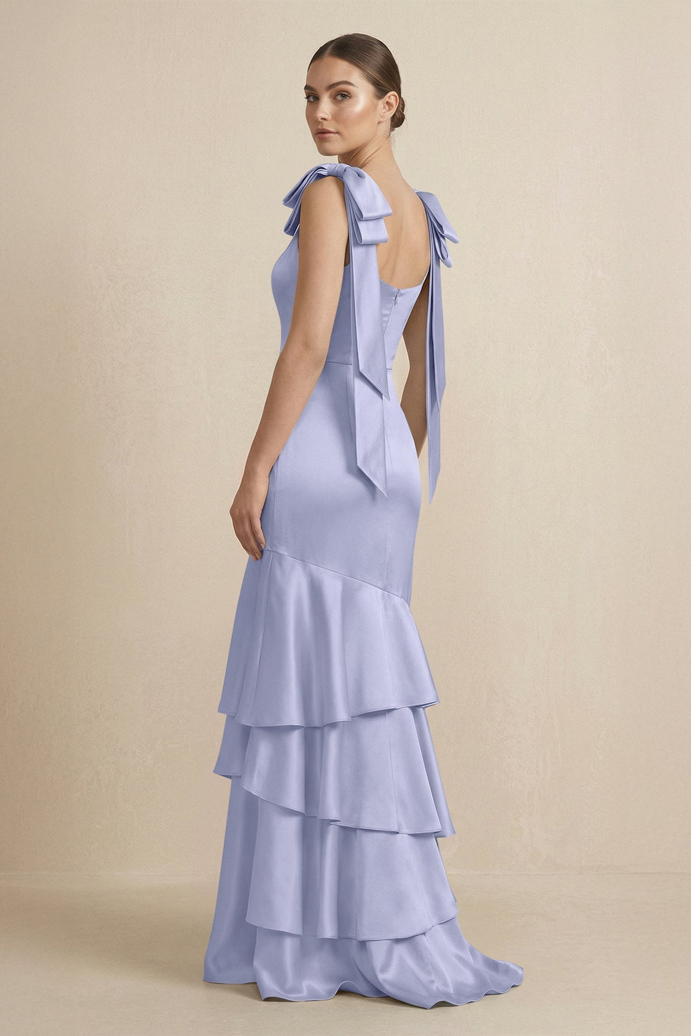 Tiered Maxi Satin Bridesmaid Dress with Bow Straps in Lavender - KISS BRIDAL Bridesmaid Dresses
