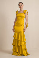 Tiered Maxi Satin Bridesmaid Dress with Bow Straps in Marigold - KISS BRIDAL Bridesmaid Dresses