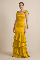 Tiered Maxi Satin Bridesmaid Dress with Bow Straps in Marigold - KISS BRIDAL Bridesmaid Dresses