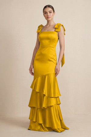 Tiered Maxi Satin Bridesmaid Dress with Bow Straps in Marigold - KISS BRIDAL Bridesmaid Dresses
